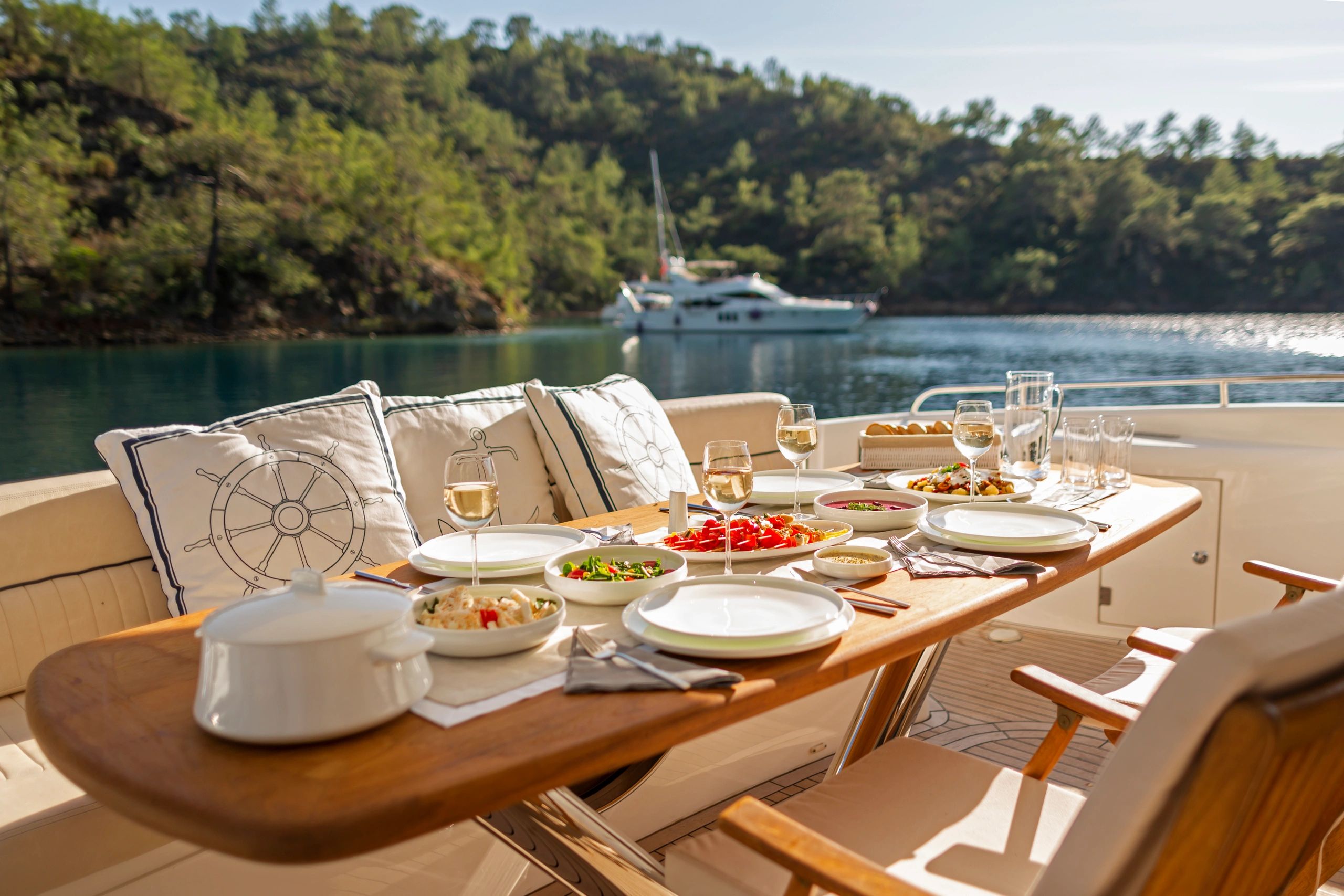 food and wine on yacht