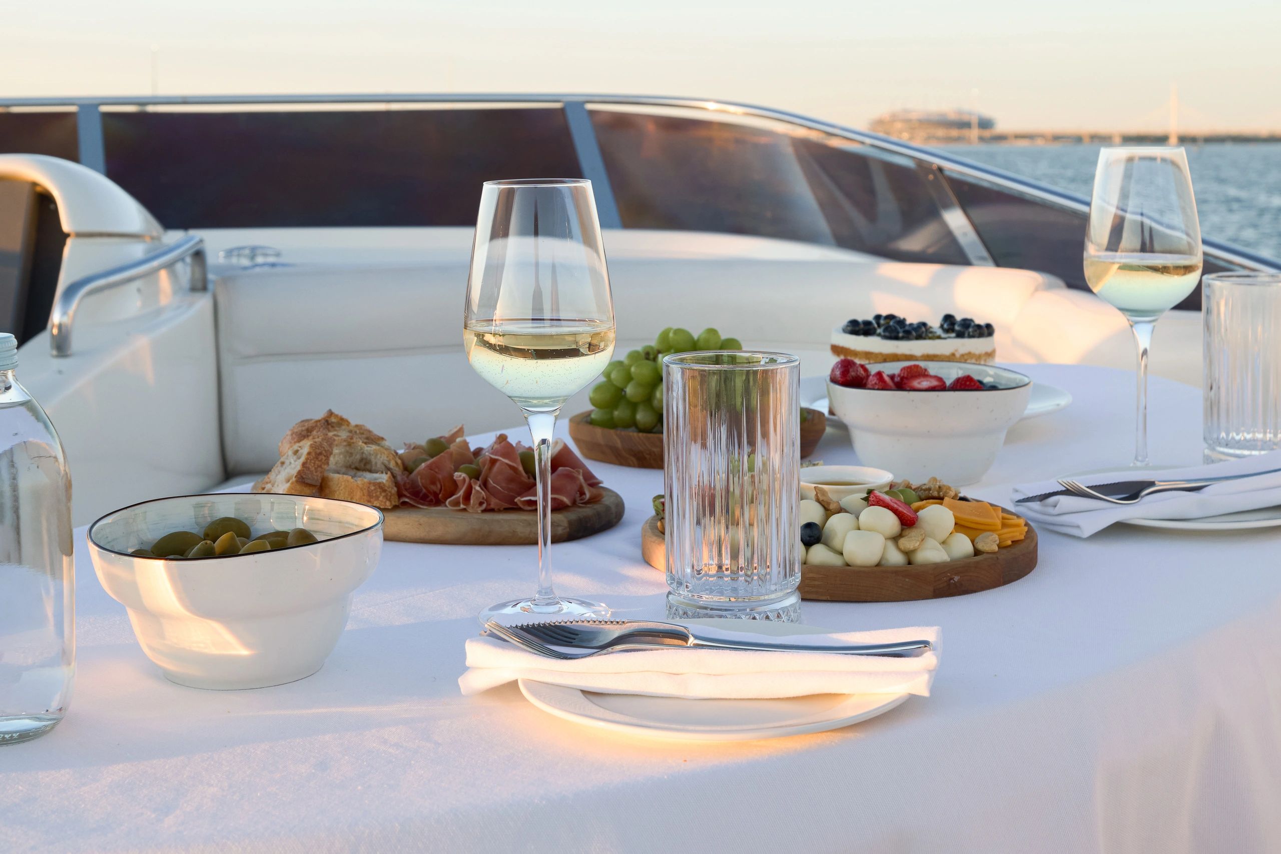 food and wine on yacht